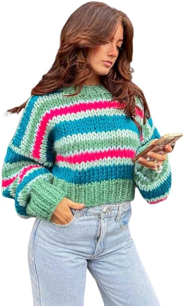 ZAFUL Women's Color Block Striped Sweater Crew Neck Lantern Sleeve Cropped Sweaters Casual Loose Kni | Amazon (US)