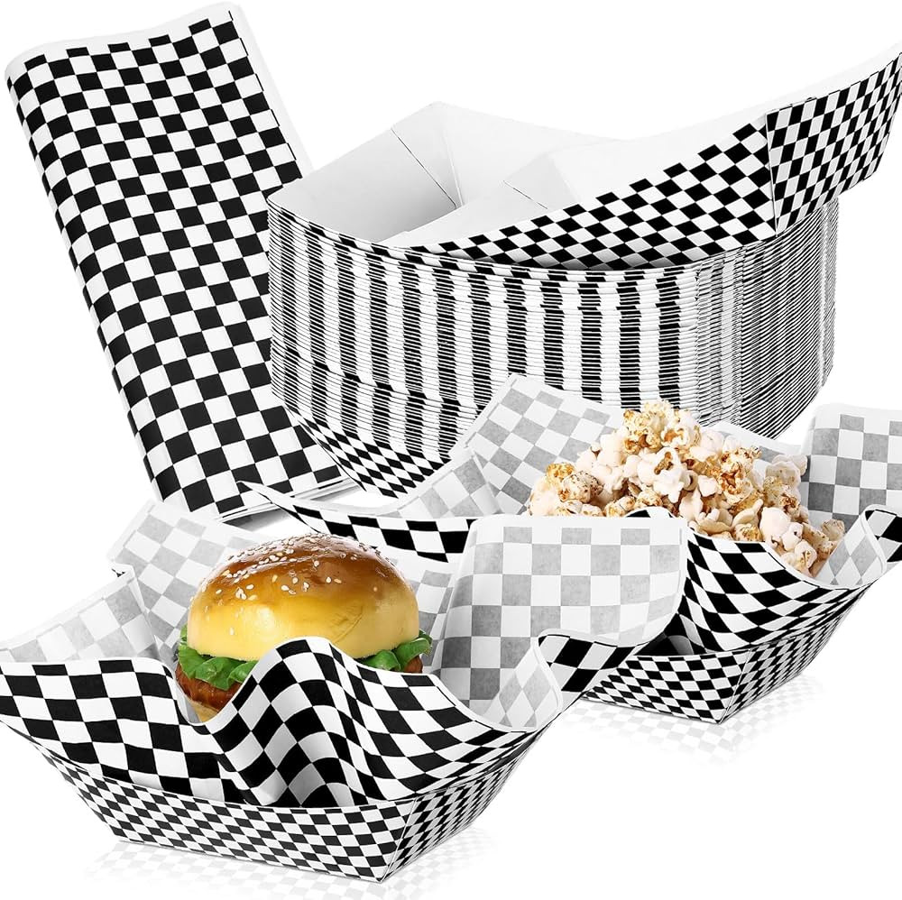 Geosar 100 Pcs Gingham Party Supplies Disposable Paper Food Trays Bulk Disposable Food Boat with Checkered Wax Paper Sheet Checkered Wrapping Paper for Carnival Picnic Birthday Party Supply (Black) | Amazon (US)