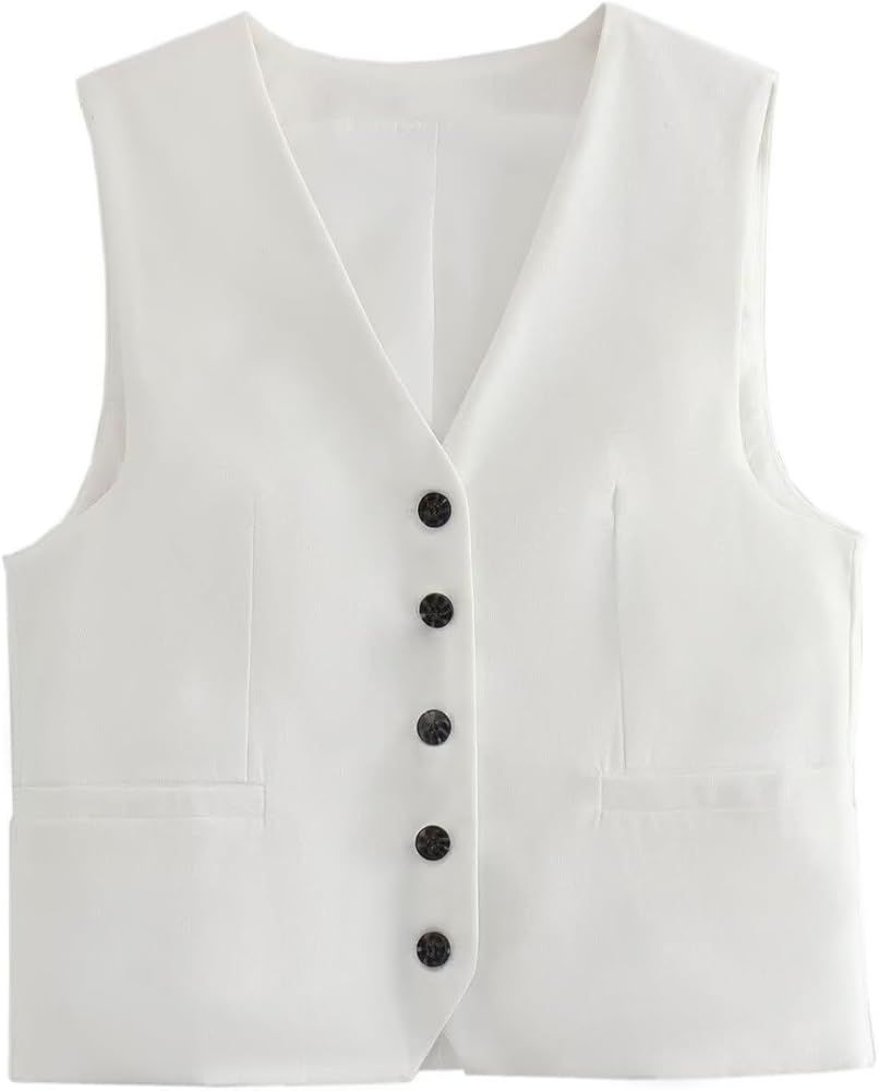 Poulyuovl Cotton Linen Suit Vest for Women with Pockets Button Up Business Casual Dressy Waistcoa... | Amazon (US)