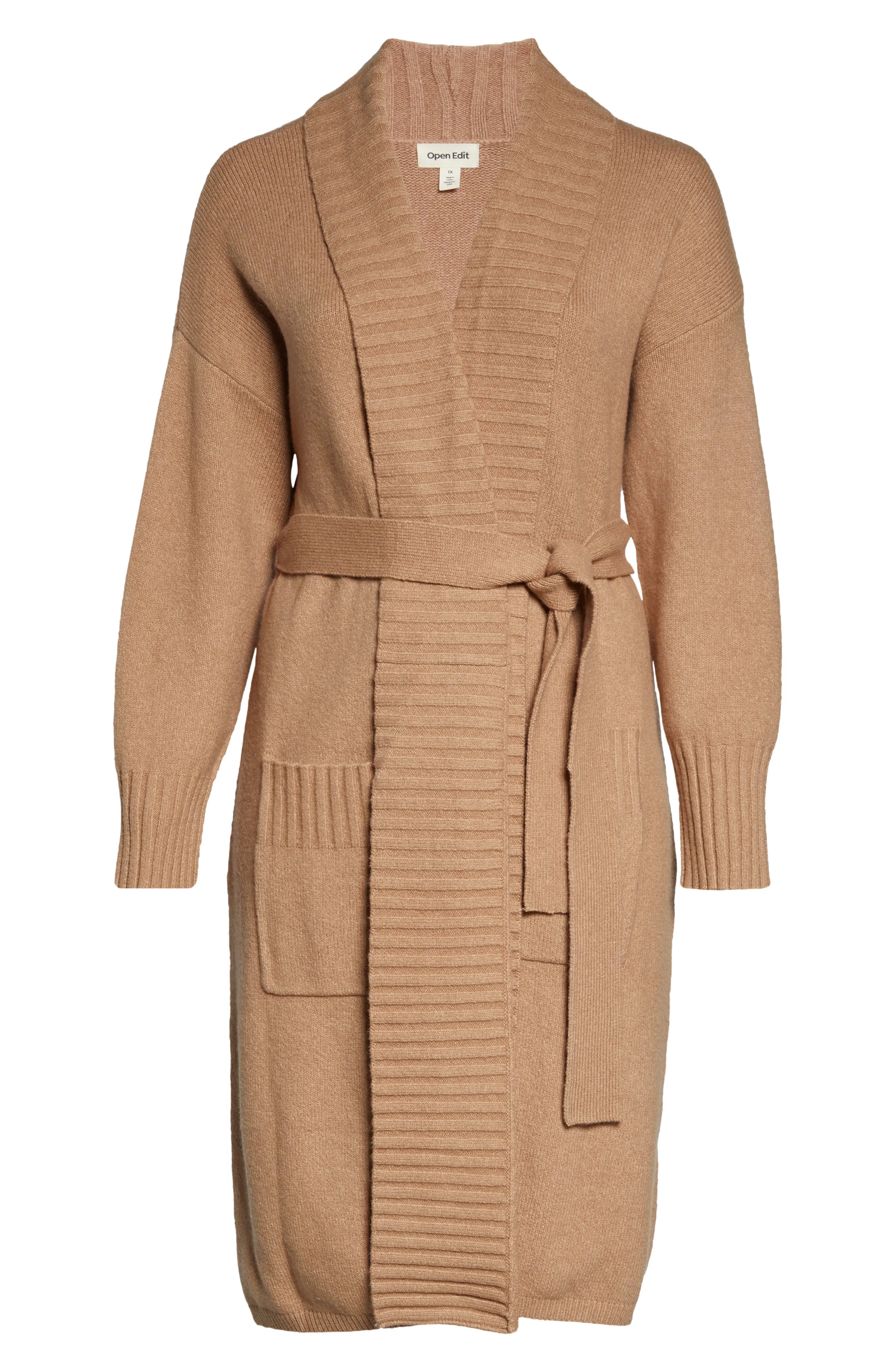 Open Edit Belt Long Cardigan, Size 1X in Tan Smoke at Nordstrom | Nordstrom