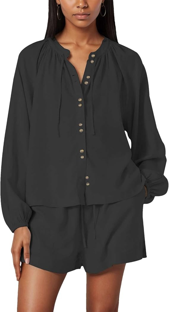 Wanzetaly Women's Oversized 2 Piece Sets Long Sleeve Button Down Shirt Matching Shorts Sets Sprin... | Amazon (US)