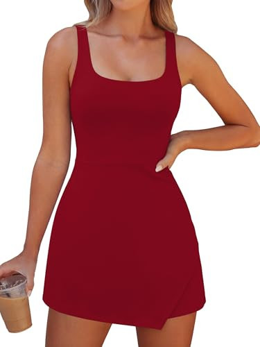 Caracilia Women Tennis Dress with Built in Shorts Summer 2026 Square Neck Sleeveless Athletic Golf Mini Dress Workout Outfits Dark Red | Amazon (US)