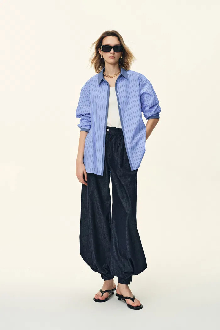 Blair Contrast Collar Striped Denim Patchwork Shirt in Cotton poplin | Fabrique