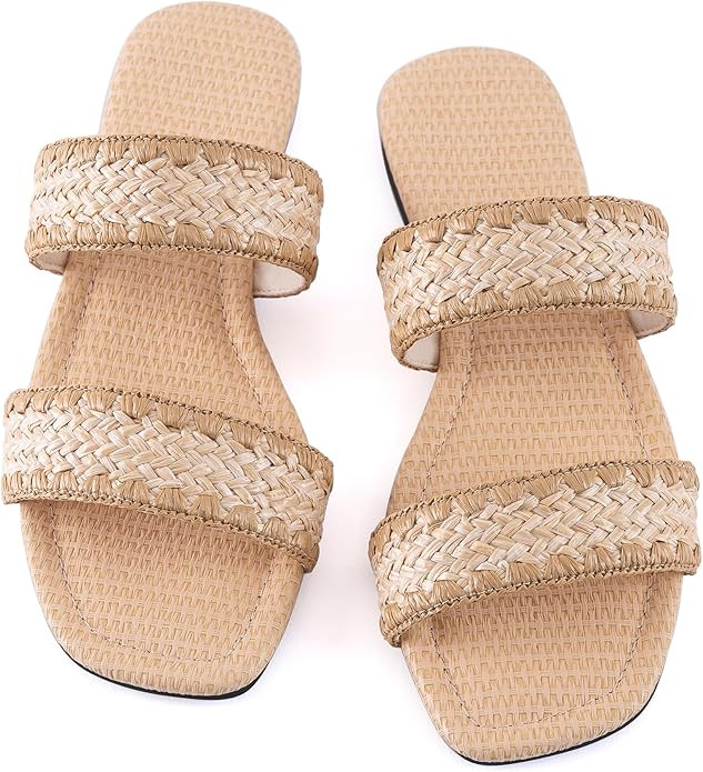 Mtzyoa Women's Sandals Casual Braided Dressy Summer Square Toe Quilted Flat Sandals | Amazon (US)