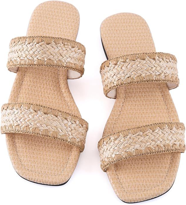 Mtzyoa Women's Sandals Casual Braided Dressy Summer Square Toe Quilted Flat Sandals | Amazon (US)