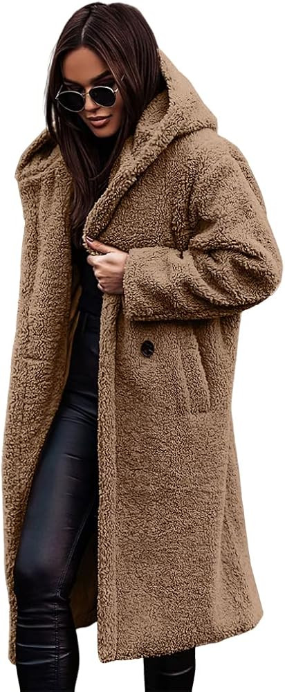 Akivide Women Winter Coat Hooded Fuzzy Fleece Warm Button Down Long Warm Outwear Jackets with Poc... | Amazon (US)