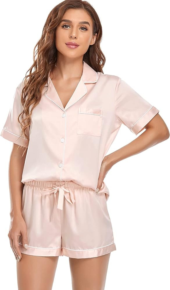 Serenedelicacy Women's Satin Pajama Set 2-Piece Sleepwear Loungewear Button Down Short Sleeve Sil... | Amazon (US)