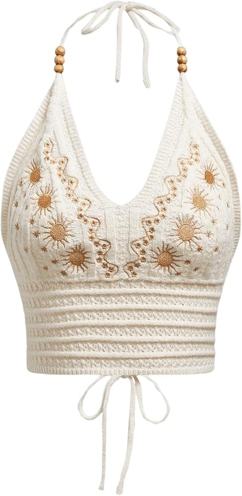SHENHE Women's Open Back Knitted Halter Crop Top Tie Backless Embroidered Hippie Top | Amazon (US)