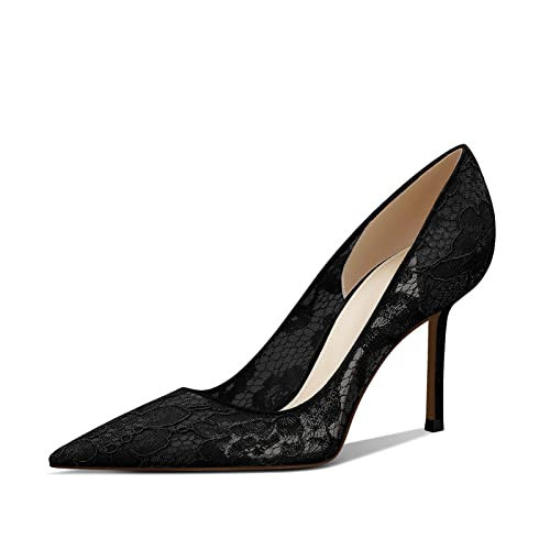 MSONLYDN Womens Pointed Toe High Heels Pumps with Black Lace Mesh Stiletto Shoes,3.35in | Amazon (US)