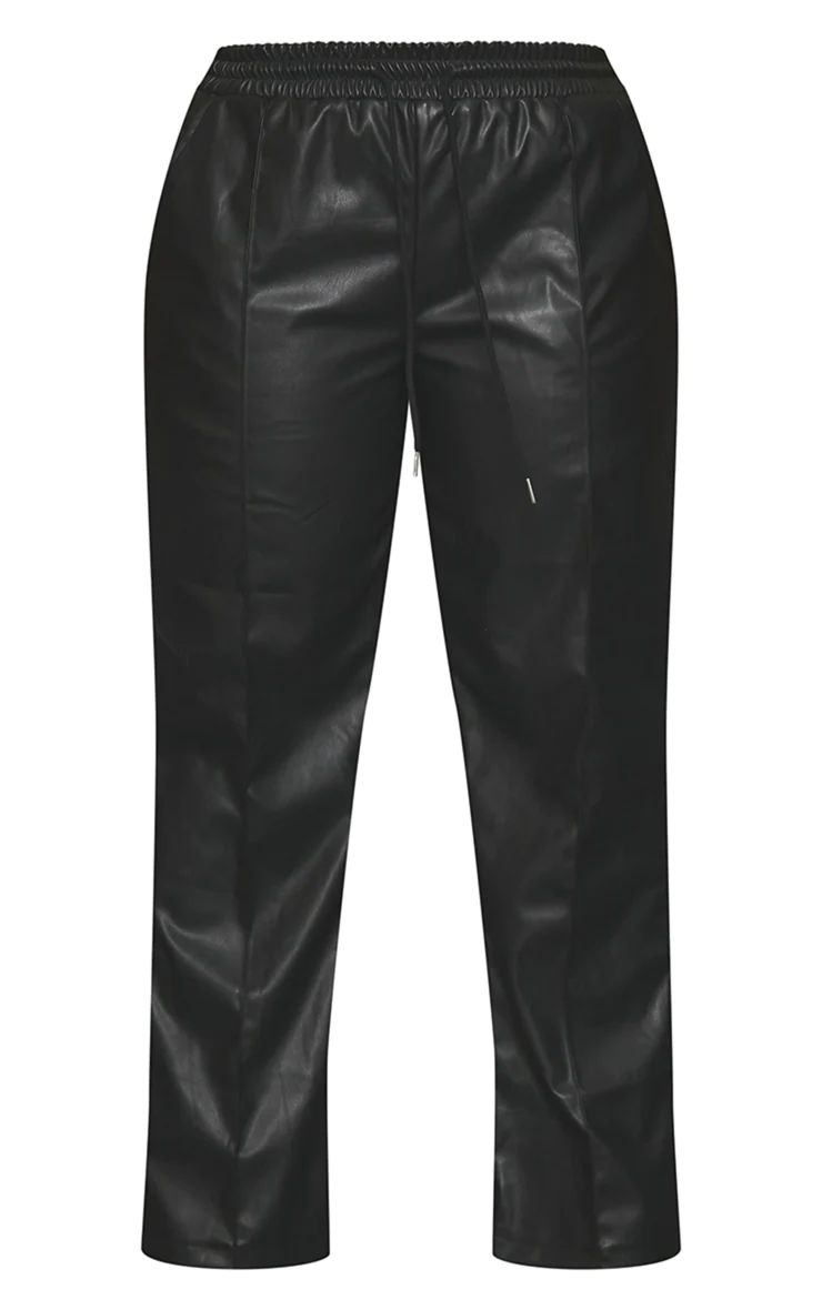 Plus Black Faux Leather Tie Waist Seam Front Wide Leg Pants | PrettyLittleThing US