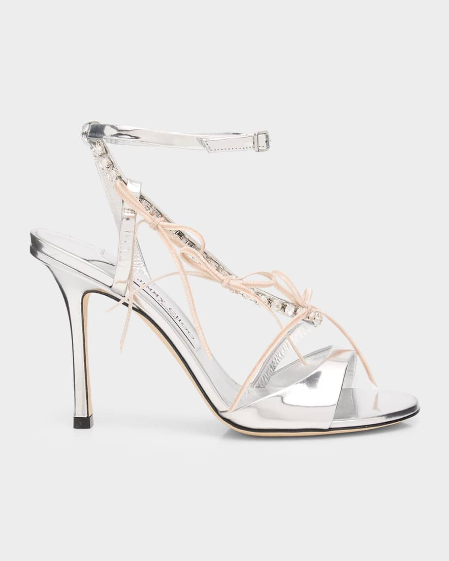 Jimmy Choo 100mm Lula Metallic Leather Sandals with Crystal Bows | Neiman Marcus