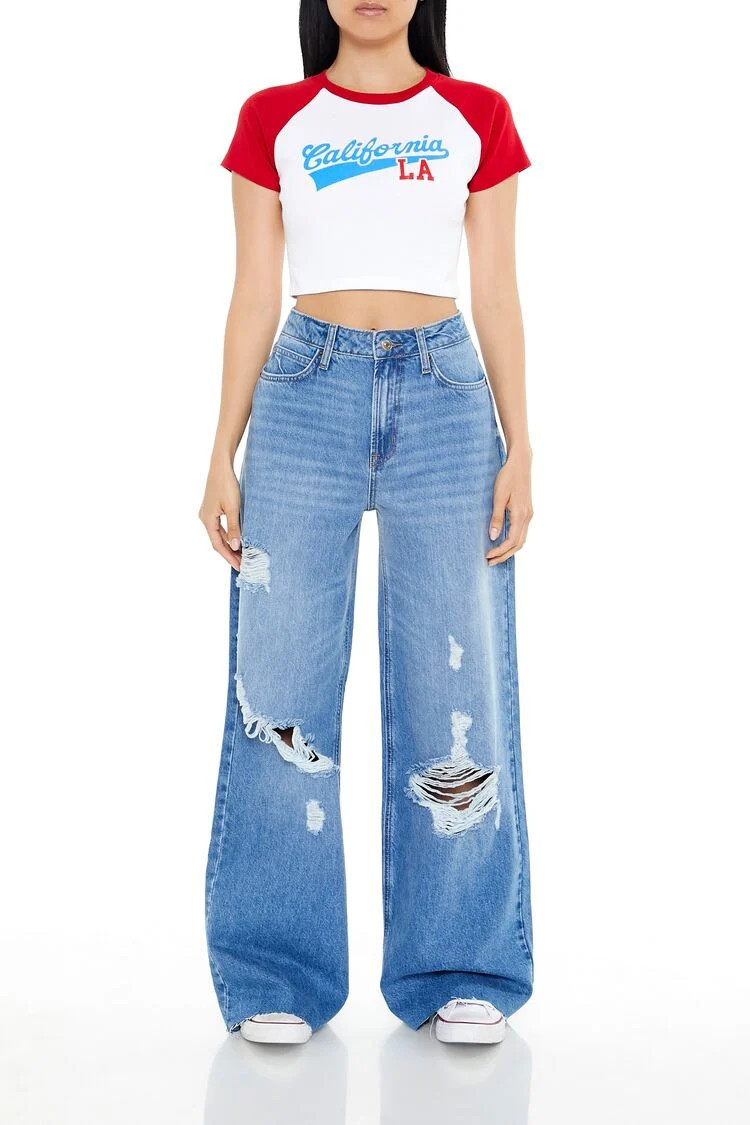 Women's Distressed Wide-Leg Jeans in Light Denim, 25 | Forever 21