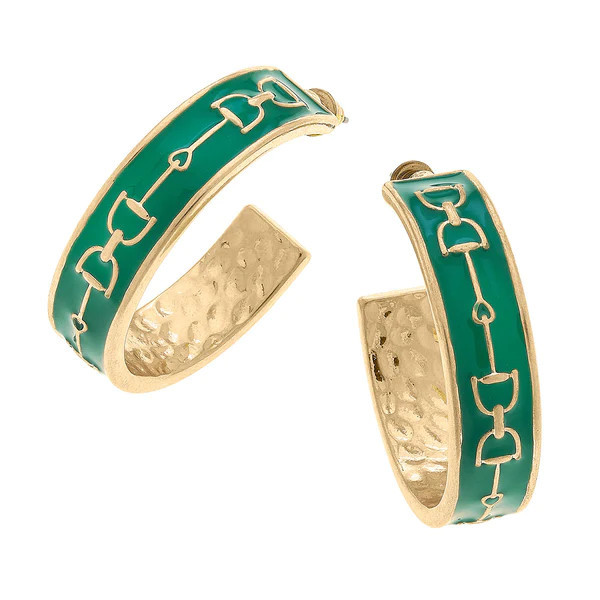 Giselle Enamel Horsebit Hoop Earrings in Green | CANVAS