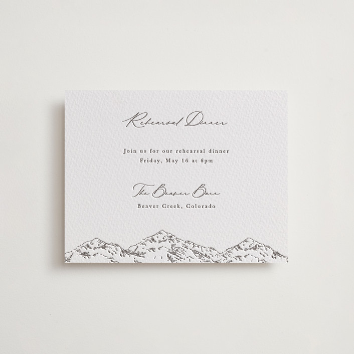"Mountainview" - Customizable Letterpress Rehearsal Dinner Cards in Brown by Sarah Brown. | Minted