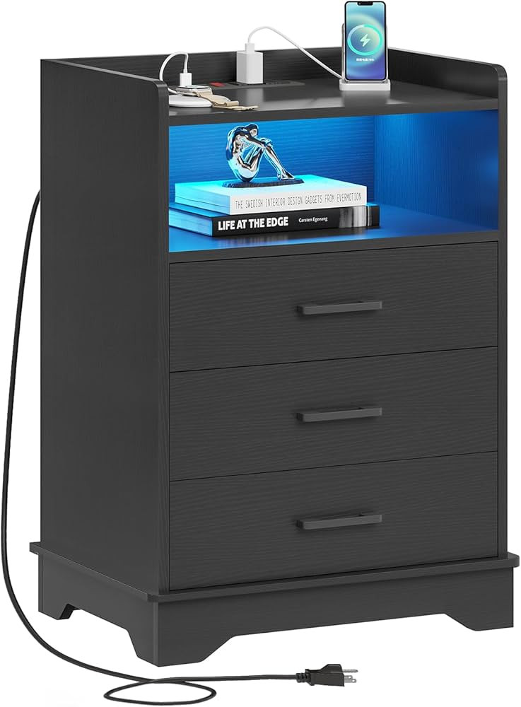 Hasuit Black LED Nightstand with Charging Station, Night Stand 3 Drawers with Open Storage, Side ... | Amazon (US)