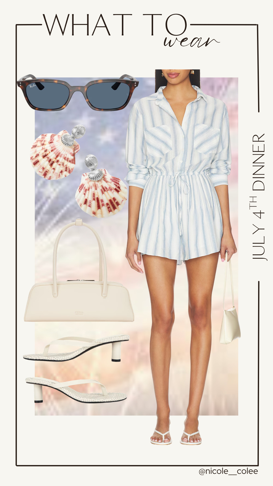 uly 4th Dinner

Red, white, and chic. ❤️🤍💙

A striped romper, shell earrings, and classic white accessories make this the perfect look for a July 4th dinner, fireworks, or sunset cocktails by the water. Festive without feeling costume-y is always the goal.

#July4thStyle #WhatToWear #SummerStyle #NicoleColeeStyle #LTKFinds 

 #LTKdayinmylife #LTKgrwm #LTKootd