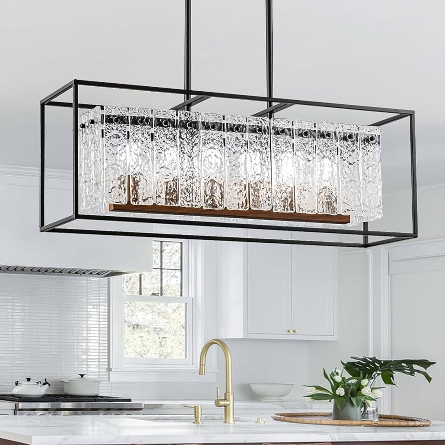 Black Linear Rectangular Chandelier, Water Ripple Glass Pendant Lighting | Amazon (US)