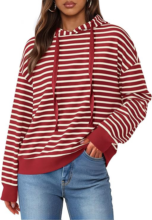 KIRUNDO Womens Hoodies Long Sleeve Striped Drawstring Sweatshirt Loose Fit Hooded Pullover Tops F... | Amazon (US)