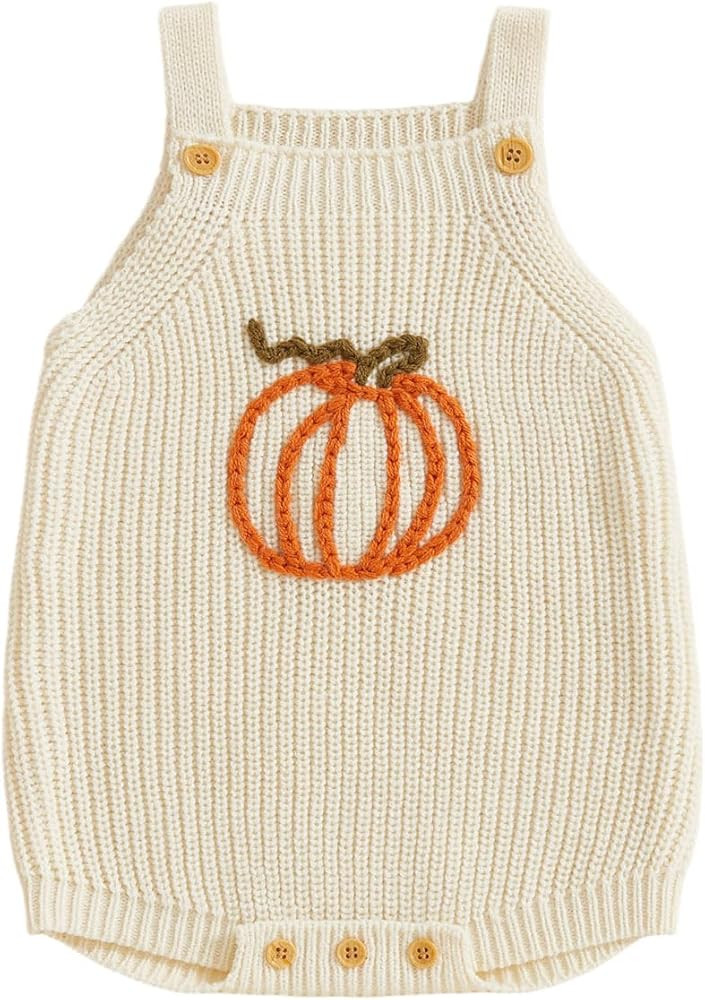 Newborn Baby Girl Halloween Outfit Knit Sweater Pumpkin Embroidery Romper Overalls Sleeveless Jum... | Amazon (US)