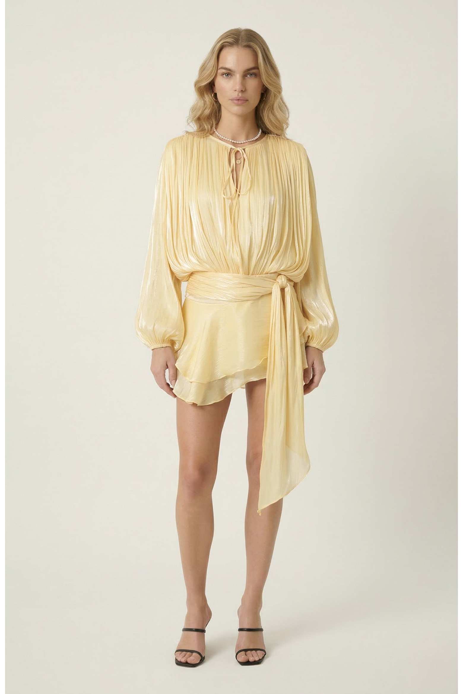Modenaire Pleated Long Sleeve Mini Dress with Tie Waist and Keyhole Neck (Women) | Nordstrom | Nordstrom