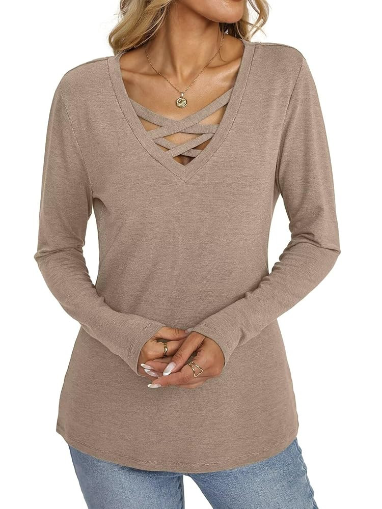 Womens V Neck Long Sleeve Shirts Criss Cross Sexy Tops Casual Loose Fit Tee Going Out Fall Fashio... | Amazon (US)