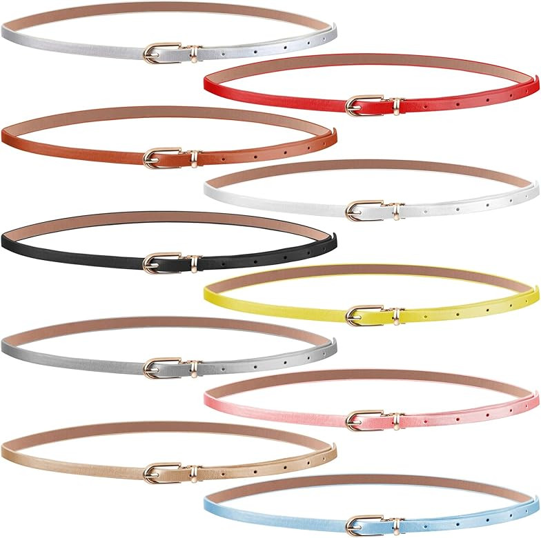 Set of 10 Womens Thin Belts Women Skinny PU Leather Belt Adjustable Thin Waist Belt | Amazon (US)