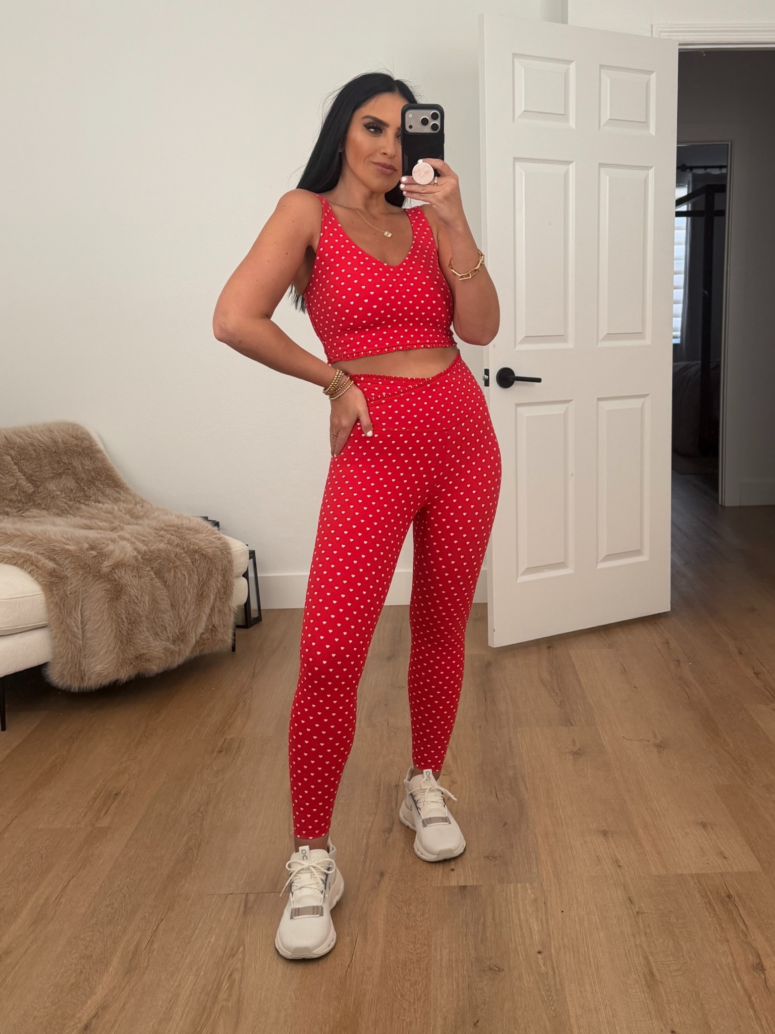 Women's Everyday Soft Light Support Ruffle Longline Bra wearing size medium. Women's Everyday Soft Ultra High-Rise Ruffle Crossover 7/8 Leggings wearing size medium. 