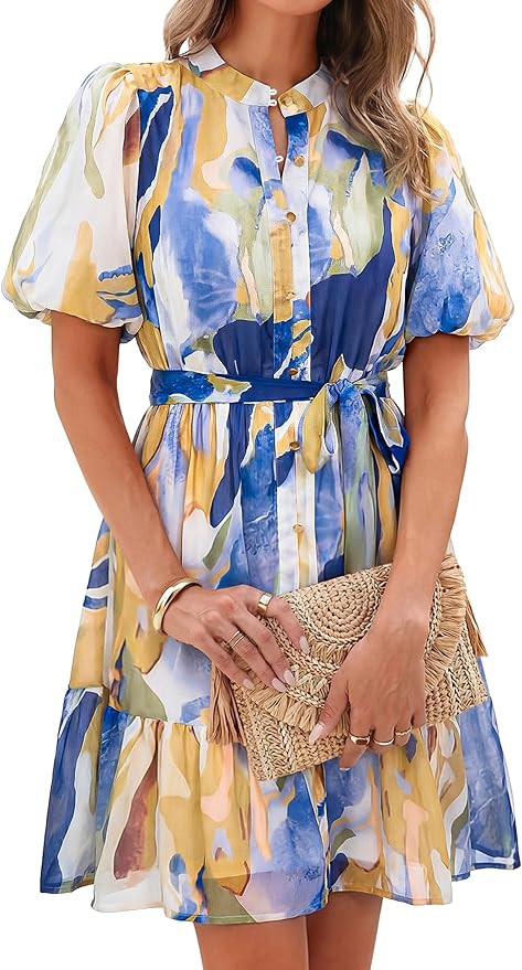 Simplee Womens Floral Short Summer Dresses Casual V Neck Button Down A-Line Tiered Ruffle Boho Mi... | Amazon (US)
