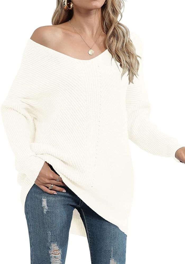 ANRABESS Women's Batwing Sleeve Dolman Ribbed Knit Sweaters Oversized V-Neck Pullover Tops | Amazon (US)