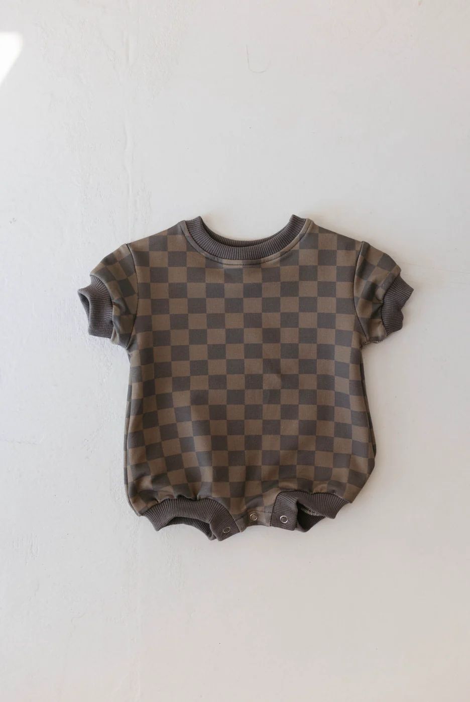 Faded Brown Checker | Short Sleeve Romper | Forever French