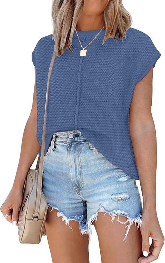 Waffle Knit Sweater Shirts for Women Cap Sleeve Summer Tops Basic Tank Tops | Amazon (US)