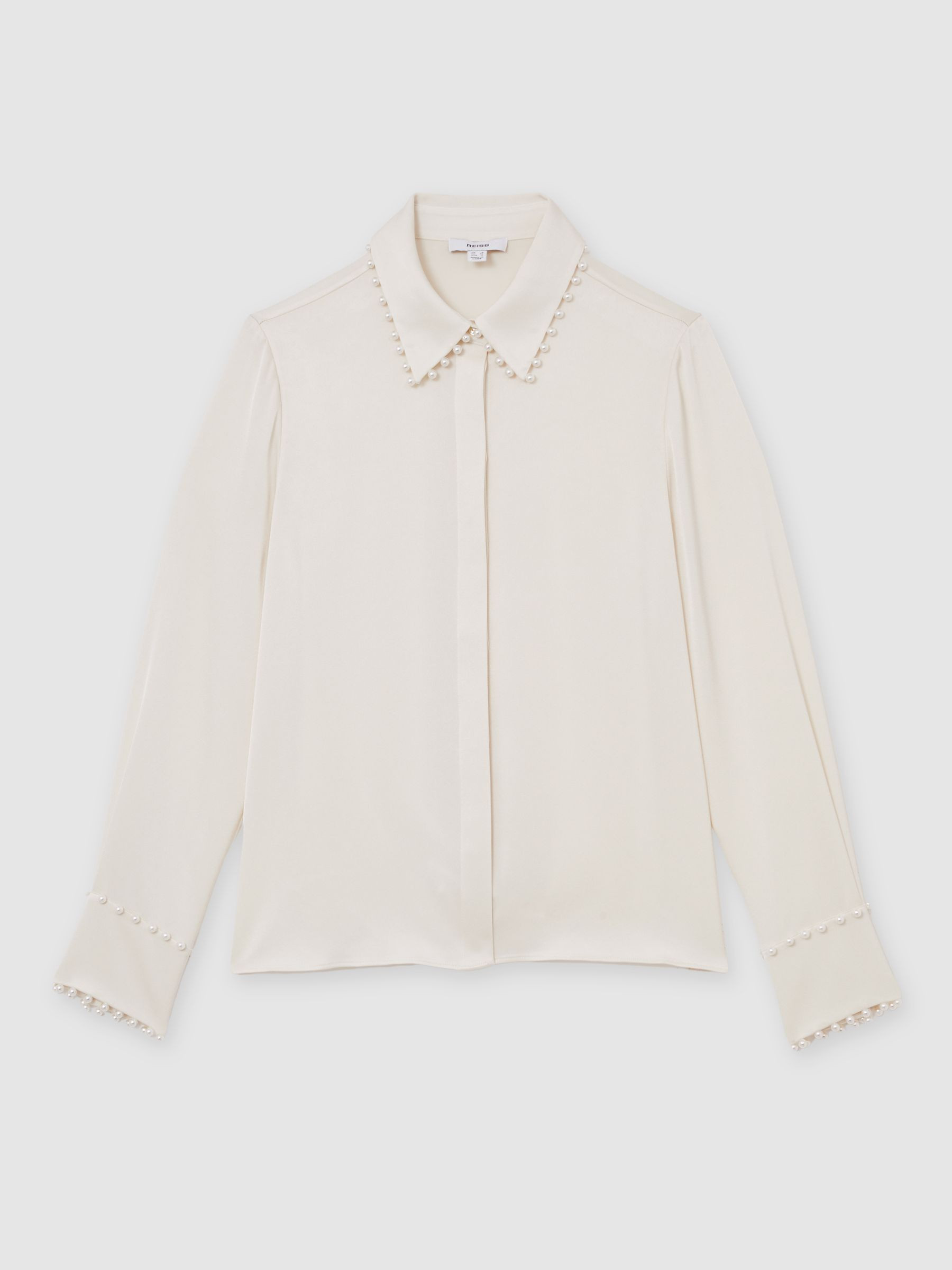 Satin Faux-Pearl Trim Shirt in Ivory | Reiss UK