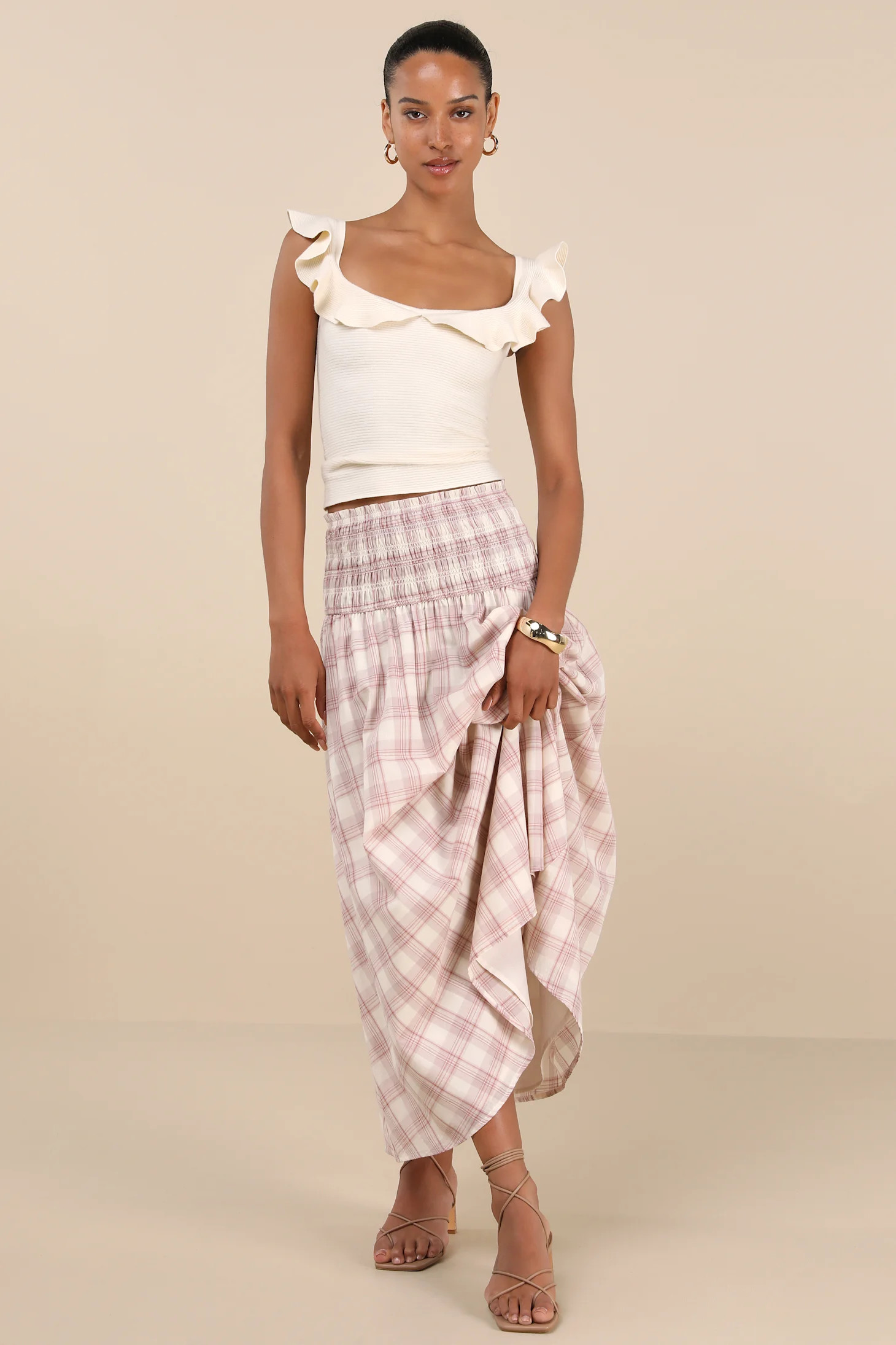 Mayden Pink and Cream Plaid Smocked Maxi Skirt | Lulus