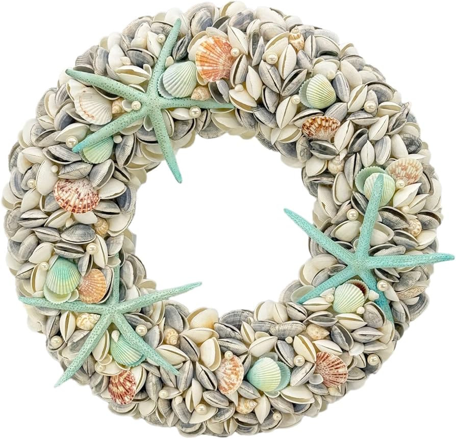 Natural Seashell Wreath w/Shells, Starfish, Pearls, Sea Snails - Spring & Summer Coastal Decor Be... | Amazon (US)