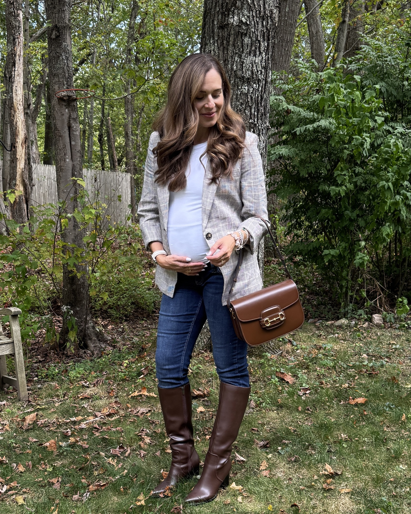 Loving a plaid blazer like this designer one. The little bit of length is perfect to hide my bump a bit and keep me looking chic this pregnancy. My maternity skinny jeans are perfect to fit inside a tall brown boot & my Gucci horsebit bag was a last season purchase I’m re-wearing on repeat this fall as chocolate brown is still the color of the fall season 🤎
#ltkseasonal fall transition fall outfit 

#LTKSeasonal #LTKBump #LTKWorkwear