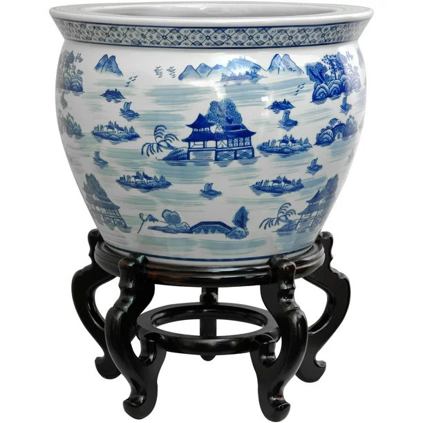 Oriental Furniture 12" Landscape Blue & White Porcelain Fishbowl | Walmart (US)