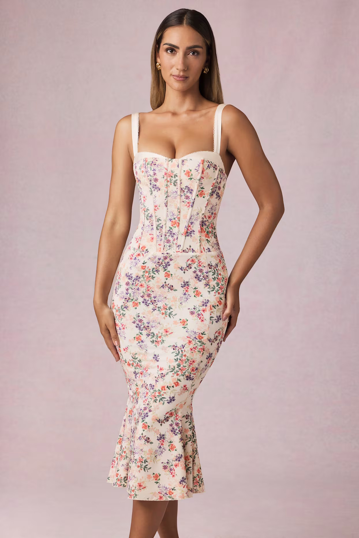 Layered Bra-Detail Fishtail Midaxi Dress in Primrose Floral Print | Oh Polly