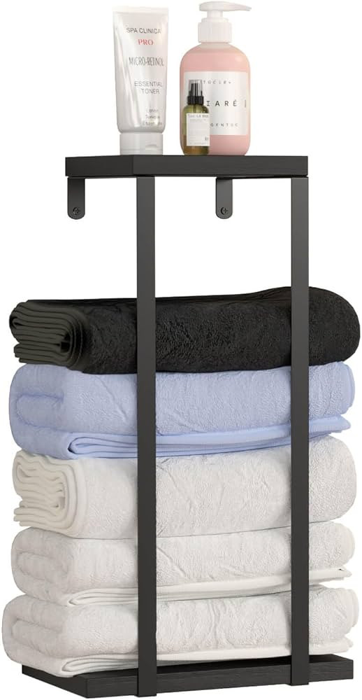 Towel Racks for Bathroom, Wall Mounted Towel Holder with Wood Shelf, Metal Bathroom Towel Rack fo... | Amazon (US)