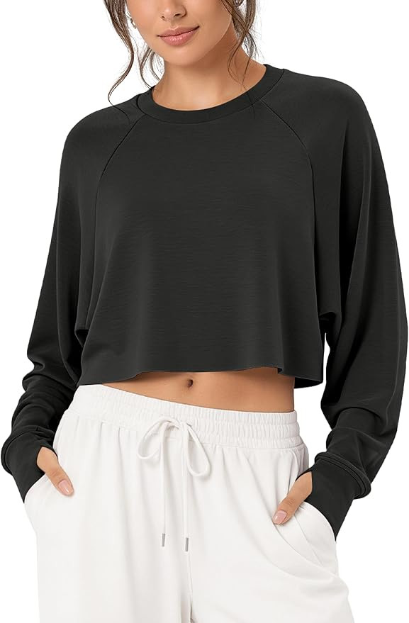 ODODOS Modal Soft Long Sleeve Cropped Sweatshirts with Thumb Hole for Women Crew Neck Pullover Cr... | Amazon (US)