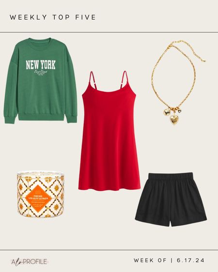 Weekly top five 🤍 this week’s best sellers and your favorites//  Sweatshirts at a great price, activewear workout dress, necklace statement charm piece, candles and home decor, linen shorts for summer outfit style 

#LTKStyleTip #LTKSeasonal #LTKFindsUnder50