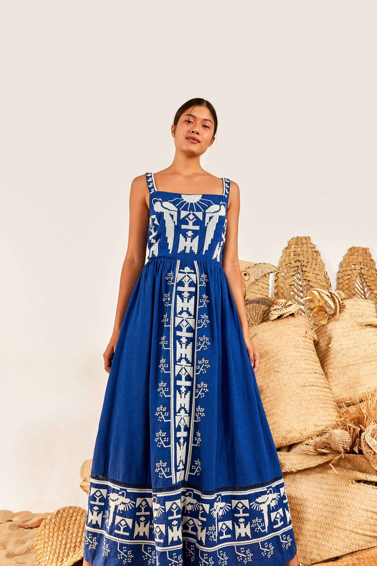 Navy Macaw Embroidered Maxi Dress | FarmRio (US)