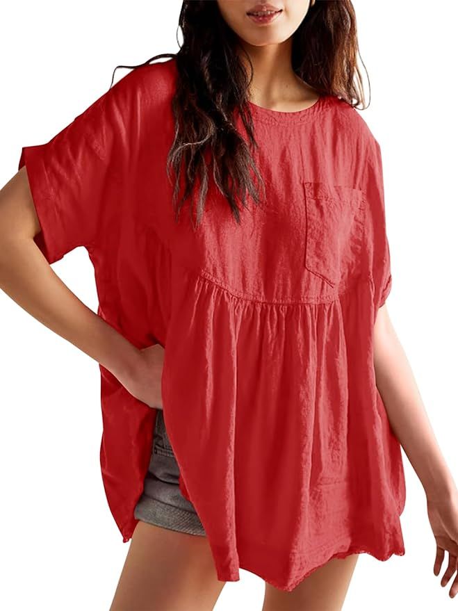 Tankaneo Womens Summer Babydoll Tops Casual Loose Fit Peplum Oversized Tunic Shirts | Amazon (US)