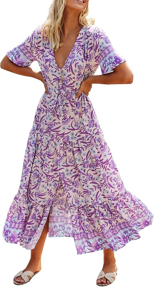 R.Vivimos Womens Summer Floral Print Cotton Short Sleeve Flowy Dress | Amazon (US)