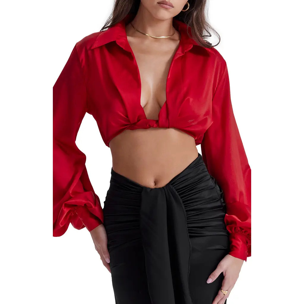 HOUSE OF CB Laraine Plunge Neck Stretch Silk Crop Blouse in Red Rose at Nordstrom, Size X-Large | Nordstrom