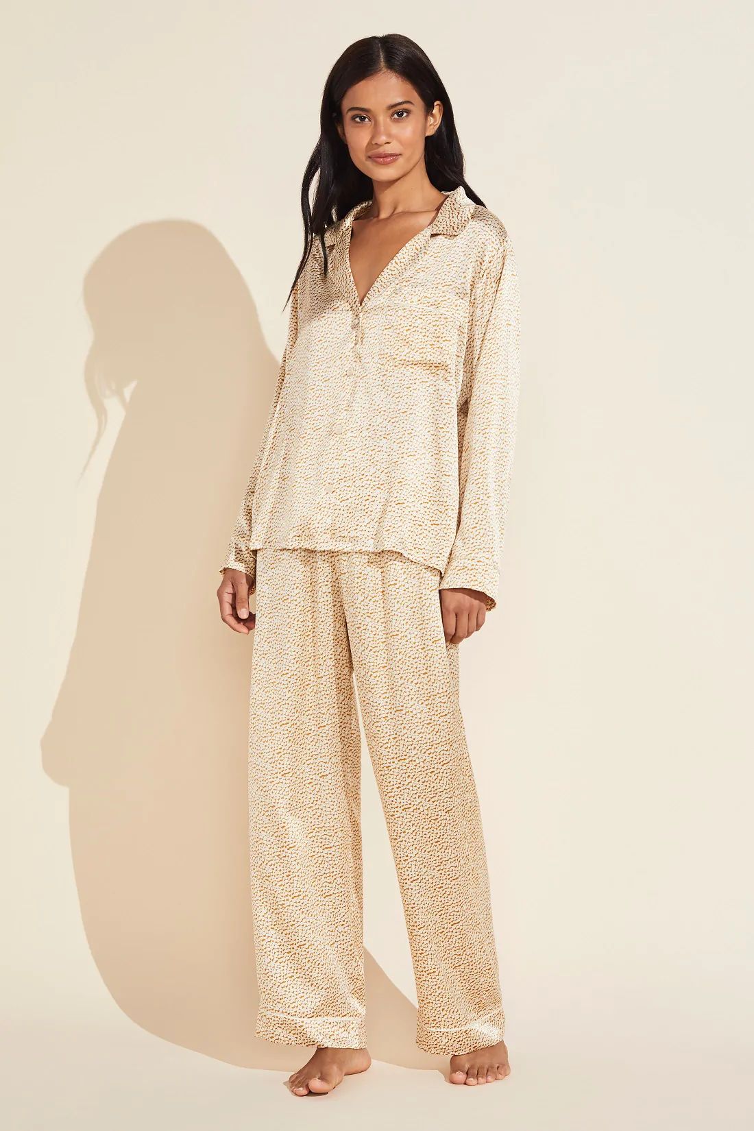 Inez Washable Silk Printed Long PJ Set - Mink Puff/Bone - Eberjey | Eberjey