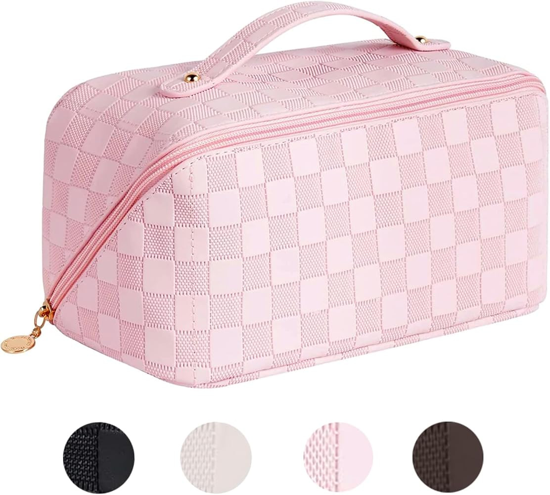YUNZSXJY Large Capacity Cosmetic Bag Travel Makeup Bag for Women with Portable Handle, Opens Flat... | Amazon (US)