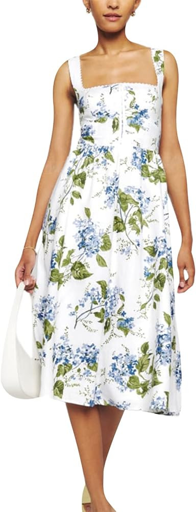 Women Floral Print Corset Dress Sexy Bodycon Spaghetti Strap Midi Flowy Dress Square Neck Low Cut... | Amazon (US)
