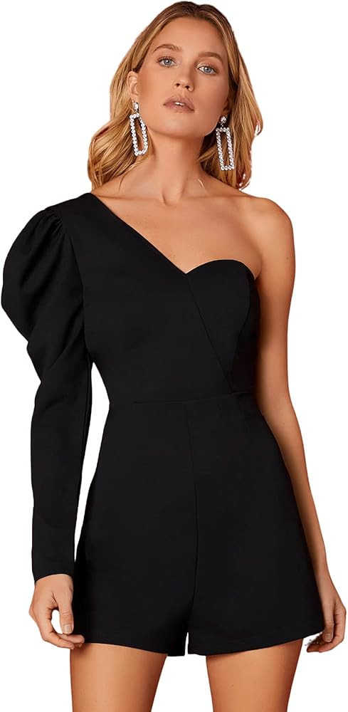 SweatyRocks Women's Elegant Puff Sleeve One Shoulder High Waist Short Jumpsuit Romper Belted Soli... | Amazon (US)