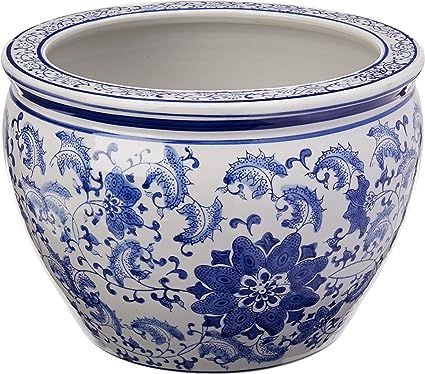 Oriental Furniture 12" Floral Blue & White Porcelain Fishbowl | Amazon (US)