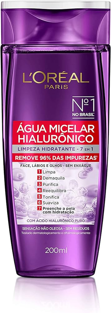 L'Oréal Paris Água Micelar com Ácido Hialurônico Puro, Limpeza Hidratante 7 em 1, 200ml | Amazon (BR)